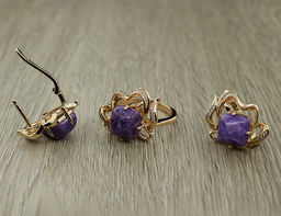 Комплект "Чара-6", чароит, покрытие под золото, размеры кольца: 17, 18, 19, 20