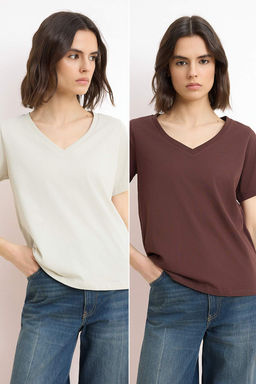 Ekru-Kahverengi %100 Pamuk 2li Paket Regular Kal?p Basic V Yaka Orme T-Shirt TWOSS23TS00002