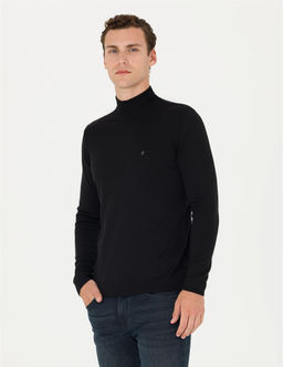 Siyah Slim Fit Yar_m Bal_k__ Yaka Basic Triko Kazak
