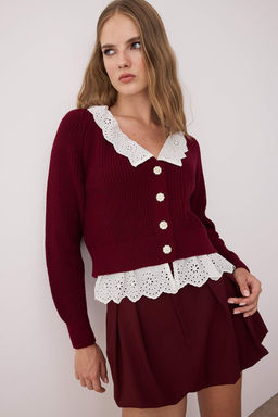 Bordo Crop Gomlek Garnili Detayl? V Yaka Triko H?rka TWOAW24HI00221