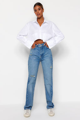TRENDYOLMILLA Mavi Y?rt?kl? Yuksek Bel Uzun Straight Jeans TWOAW24JE00033