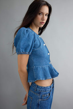 Mavi Balon Kollu D__me Detayl_ Peplum Denim Bluz TWOAW27BZ00037 - Trendyolmilla фото 2