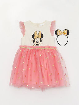 Bisiklet Yaka K?sa Kollu Minnie Mouse Bask?l? K?z Bebek Elbise ve Ta? 2li Tak?m