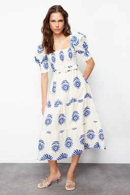 Pembe Desenli Kare Yaka Keten Gorunumlu Kemerli Midi Dokuma Elbise TWOSS24EL00779 - Trendyolmilla фото 9