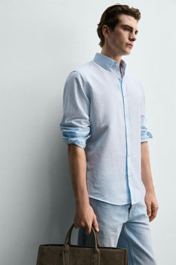 CAMISA REGULAR FIT  ALGOD?N - LINO / Celeste - Zara фото 5