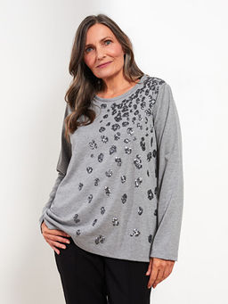 Bisiklet Yaka Pul Payet ??lemeli Uzun Kollu Kad?n Ti??rt