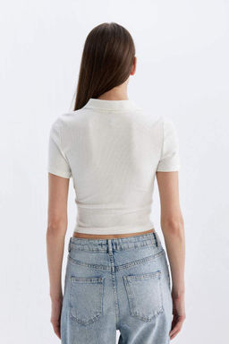 Футболка-поло с короткими рукавами и зауженным кроем в рубчик на камзоле - Defacto фото 6