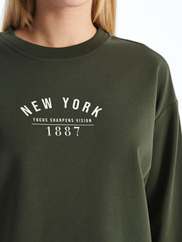 Bisiklet Yaka Bask?l? Oversize Kad?n Kal?n Sweatshirt