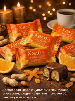 Цена за 12 шт. Батончик (813) Халва АРАХИСОВАЯ (БЛОКАМИ) с цукатами АПЕЛЬСИНА глазир вес 50 г (Мишкино)