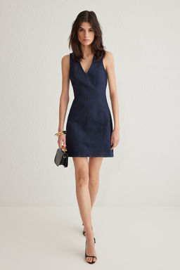 Koyu Mavi V Yaka Mini Denim Elbise TWOSS25EL00151