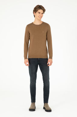 Erkek Slim Fit Bisiklet Yaka Haki Melanj Basic Kazak