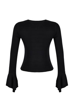 Siyah Fitted/Vucuda Oturan Uzun Kollu Volanl?/F?rf?rl? Yumusak Orme Bluz TWOSS26BZ00152