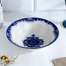 Тарелка глубокая Трапеза, большая, d=20 см, гжель, фарфор