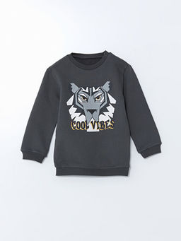 Bisiklet Yaka Bask?l? Erkek ?ocuk Kal?n Sweatshirt