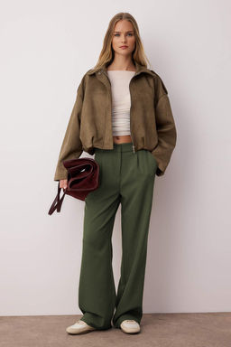 Ac?k Haki Yuksek Bel Wide Leg/Genis Paca Pilili Dokuma Kumas Pantolon TWOAW21PL0076