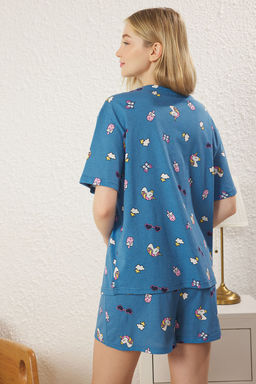 Trendyolmilla Mavi %100 Pamuklu Eglence Desenli Sortlu Orme Pijama Tak?m? THMSS25PT00253  фото 5