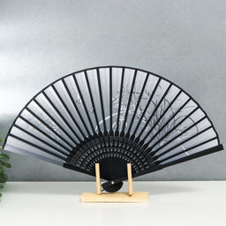 Веер складной h=21 см Бабочки в траве, бамбук, текстиль, чёрно-белый, с кисточкой