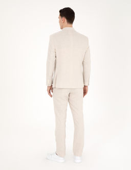 Bej Slim Fit Keten Kar___ml_ _izgili Tak_m Elbise