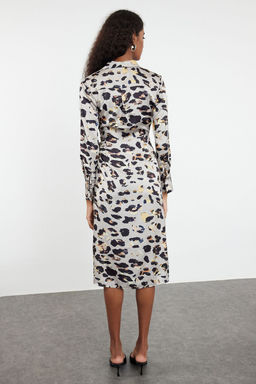 Bej Leopar Desenli Anvelop Midi Baglama Detayl? Dokuma Elbise TWOAW24EL00688