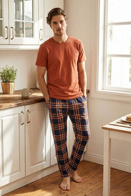 Kiremit - Lacivert Regular %100 Pamuk Ekose _rme Pijama Tak_m_ THMSS21PT0328