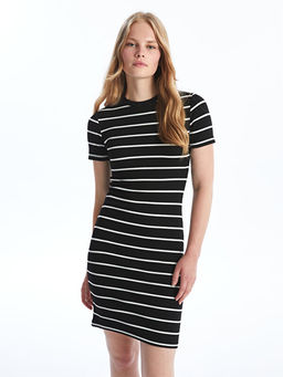 Bisiklet Yaka ?izgili K?sa Kollu Kad?n Bodycon Elbise