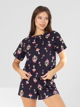 Пижама женская кулирка с шортами "ГРИБОЧКИ" ЧЕРНИЛО
