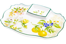 Блюдо д/шашлыка 28*21*2,3 см  Лимоны с соусницей NEW BONE CHINA