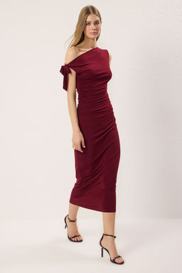 Limited Edition Bordo Fitted/Vucuda Oturan Orme Maxi Esnek Kalem Elbise TWOSS24EL00563