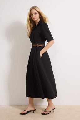 Siyah Duz Etegi Belden Ac?lan Midi Dokuma Elbise TWOSS25EL00060