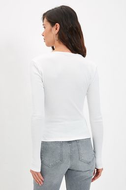 Ekru Fitted/Vucuda Oturan Kruvaze Yaka Uzun Kol Fitilli Esnek Orme Bluz TWOAW21BZ1274