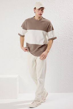 Tas Oversize/Genis Kesim Renk Bloklu Dokulu T-Shirt TMNSS25TS00065