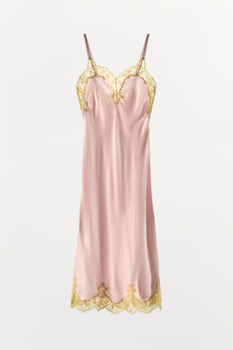 VESTIDO MIDI SATINADO ENCAJE / Rosa
