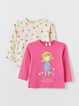 Bisiklet Yaka Uzun Kollu Bask?l? K?z ?ocuk Ti??rt 2li