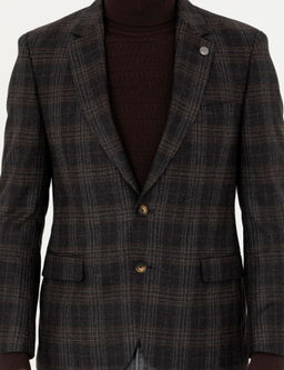 Kahverengi Slim Fit Y_n Ekose Ceket