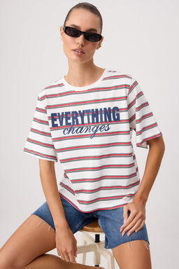 Ekru _izgili Regular Bisiklet Yaka D___k Kol K_sa Tok Pamuklu _rme T-Shirt TWOSS26TS00332