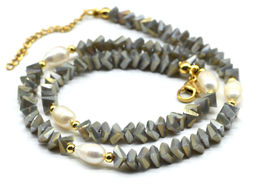 Чокер из циркона с жемчугом цв.серый, 41см