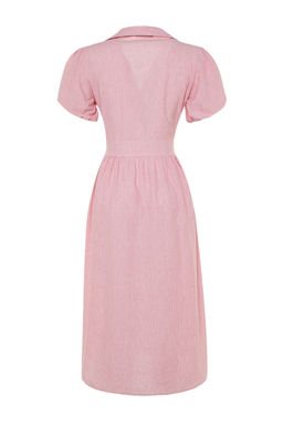 Pembe Cizgili Kruvaze Yaka Midi Dokuma Elbise TWOSS23EL02233