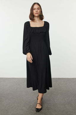 TRENDYOLMILLA Siyah Buzgu/Drape Detayl? Uzun Kollu Burumcuk/Dokulu Kumas Orme Elbise TWOAW25EL00117