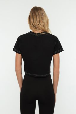 TRENDYOLMILLA Siyah %100 Pamuklu Crop Bisiklet Yaka Orme Spor T-Shirt TWOSS21TS0770 фото 5