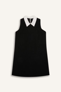 Трапеция с рубашечным воротником Базовое прямое твидовое мини-черное платье без рукавов