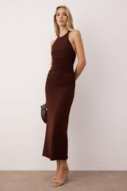 TRENDYOLMILLA Yag Yesil Duz Buzgu / Drape Midi Burgu Detayl? Esnek Orme Elbise TWOSS25EL00676