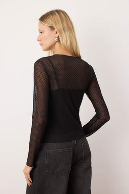 Siyah Fitted/Vucuda Oturan Cift Gorunumlu Floklu Tul Esnek Orme Bluz TWOAW26BZ00291 - Trendyolmilla фото 4