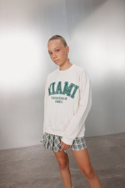 K?z Cocuk Relax Fit Bisiklet Yaka Bask?l? Okul Sweatshirt