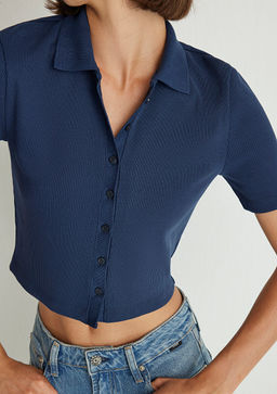 Lacivert Crop Polo Tisort - Mavi фото 6