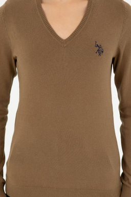 Женский базовый свитер темно-хаки меланжевого цвета с v-образным вырезом Неожиданная скидка в корзине - U.s. polo assn фото 13