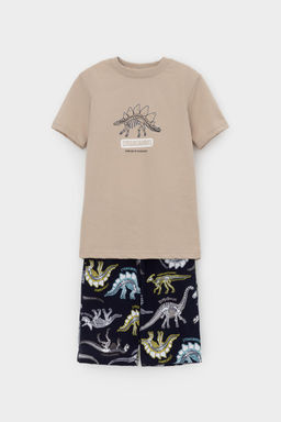 К 1528/темно-бежевый,цветные динозавры пижама дет