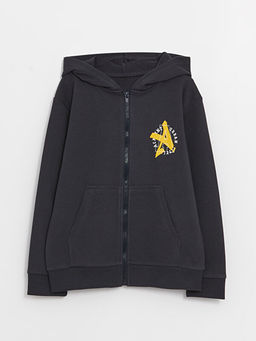 Kap??onlu Bask?l? Uzun Kollu Erkek ?ocuk Fermuarl? Sweatshirt