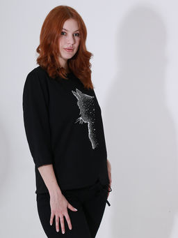 Блузка принт кошка со стразами - Almond фото 2