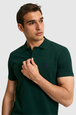 Erkek Slim Fit Polo Yaka Koyu Ye_il Basic Ti__rt