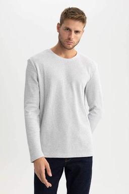 Базовая футболка узкого кроя с круглым вырезом и длинными рукавами - Defacto фото 4